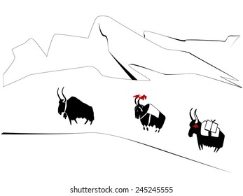 Illustration of three yaks going up in high mountains.