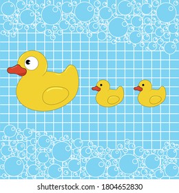 An illustration of three yellow rubber ducks in water. Soap bubbles background. Foam and white bubbles.