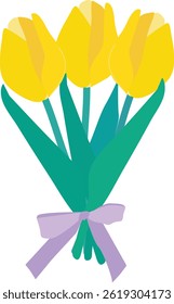 An illustration of three yellow tulips tied with a soft lilac ribbon
