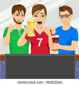 illustration of three young friends watching sports game on television together and drinking beer