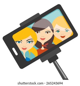 Illustration of three young girls making  photo. Vector.