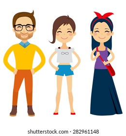 Illustration of three young people characters wearing hipster clothes