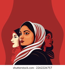 Illustration of Three Young Women Character On Burnt Red Background And Copy Space. Happy Women's Day Concept.