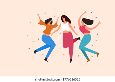 Illustration of three young women dancing and jumping out of joy
