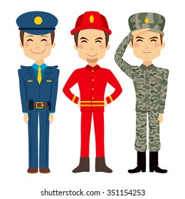 Illustration Of Three Young Worker People Characters Of Different Public Service And Military Professions