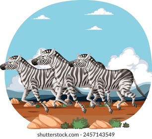 Illustration of three zebras galloping outdoors.