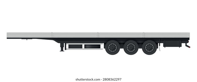 An illustration of a three-axle flatbed semitrailer on a white background. The trailer is designed for the simple and convenient transportation of various cargo.