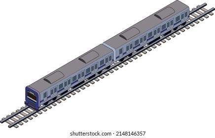 Illustration of a three-dimensional, blue train with main lines running on a railroad track. Isometric train icon on white background for infographics and illustrations. Transportation concept.