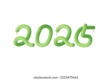 Illustration of three-dimensional cute green snakes lined up in the shape of 2025