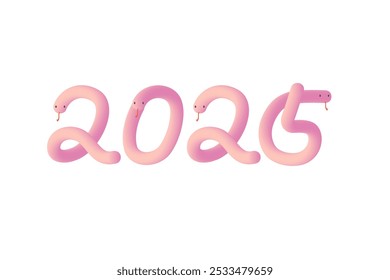 Illustration of three-dimensional cute pink snakes lined up in the shape of 2025