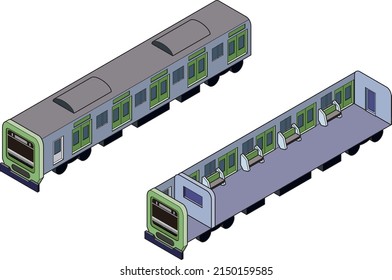 Illustration of a three-dimensional isometric style train and its cross section. Illustration showing the seating inside the train. Icons for use in infographics, transportation concepts.