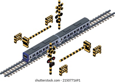 Ilustración de un tren y disyuntor tridimensional azul sin línea fija que circula por una vía férrea. Iconos de estilo isométrico sobre fondo blanco para infografías e ilustraciones. 