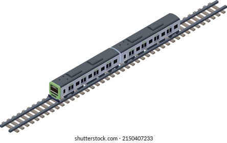 Ilustración de un tren verde tridimensional y sin línea fija que circula por una vía férrea. Iconos de estilo isométrico sobre fondo blanco para infografías e ilustraciones. Concepto de transporte.