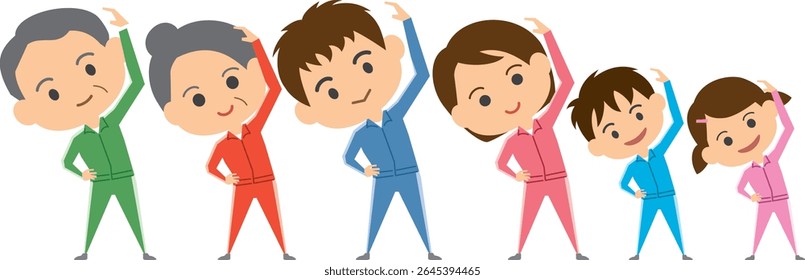Illustration of a three-generation family doing warm-up exercises
