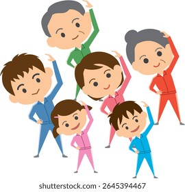 Ilustração de uma família de três gerações fazendo exercícios de aquecimento