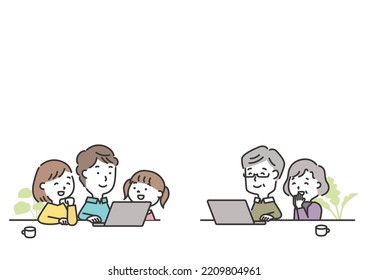 Illustration of a three-generation family enjoying remote communication