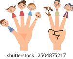 Illustration of three-generation family finger puppets