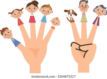 Illustration of three-generation family finger puppets