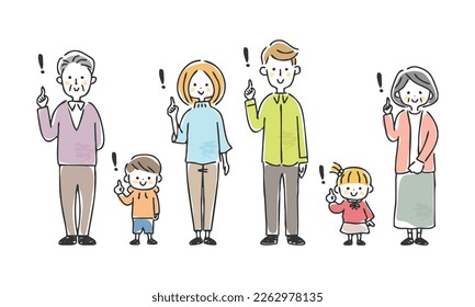 Illustration of a three-generation family pointing.