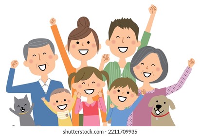 It is an illustration of a three-generation family raising their arms.