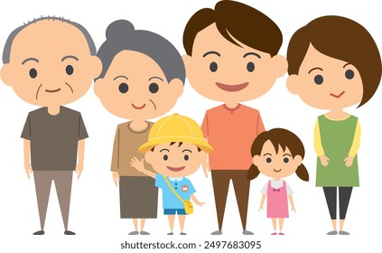 Illustration of a three-generation family standing side by side smiling