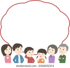 Illustration of a three-generation family with a troubled expression and a speech bubble