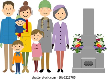  illustration of a three-generation family visiting a grave.