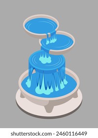 Illustration of a three-tier water fountain in blue, flat graphic style, simple grey background, symbolizing relaxation. vector illustration