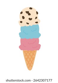 Illustration of three-tiered ice cream with chocolate chips, ramune, and strawberries