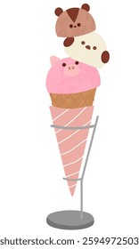 Illustration of three-tiered ice cream in the shape of animals: squirrel, Japanese tit, pig. Hand-drawn illustration