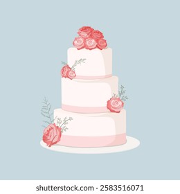 Illustration of a three-tiered white wedding cake adorned with pink roses and greenery, set against a light blue background. Elegant wedding cake design. Aesthetic vector illustration.