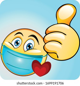 Illustration of Thumb Wearing Mask And Heart, Stock Vector Icon.