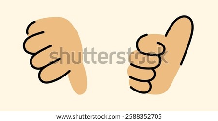 Illustration of Thumbs Up Down Gesture, Approval and Disapproval Icons in a Minimalist and Casual Art Style, 2 Simple Cartoon Vector Designs