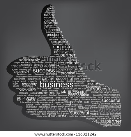 Illustration of the thumbs up symbol, which is composed of words on business themes. Vector illustration.