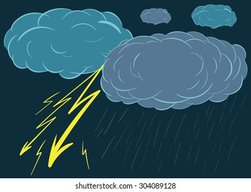 Illustration with a thunder-storm, a lightning, a rain and clouds