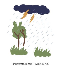 Illustration of a thunderstorm with rain. The image shows a weather phenomenon, with lightning and clouds. The illustration shows a weather phenomenon. Vector illustration