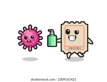 illustration of ticket character chasing evil virus with hand sanitizer , cute style design for t shirt, sticker, logo element