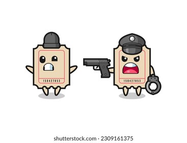 ilustración del ladrón de boletos con las manos arriba pillada por la policía, diseño de estilo lindo para camiseta, pegatina, elemento logo
