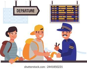 Illustration of ticketing officer checking tickets