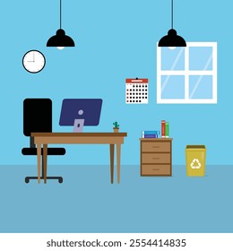 Illustration of a tidy office space featuring a wooden desk with a computer, a black chair, books, a small plant, a recycling bin, a wall-mounted calendar, a clock, and a window