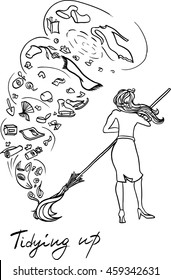 Illustration of a tidying up process. Young women clear up.