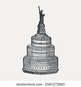 Illustration of a tiered cake topped with the Statue of Liberty. Detailed cake design with Liberty statue. Vintage cake and Liberty art. Monochrome cake illustration. Vintage food illustration vector.