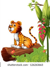 Illustration of a tiger above a trunk on a white background