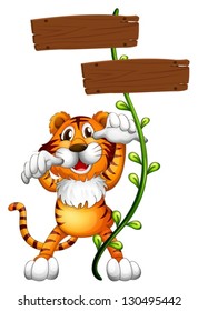 Illustration of a tiger at the back of a two-plank empty board on a white background