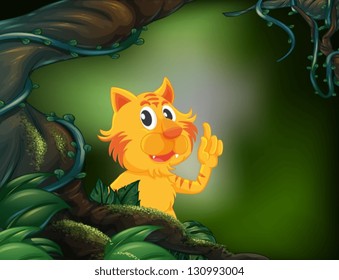 Illustration of a tiger beside a big tree in the rainforest