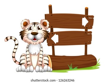 Illustration of a tiger beside the signboard on a white background