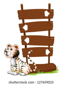 Illustration of a tiger beside a signboard on a white background
