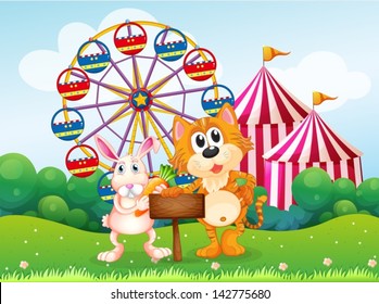 Illustration of a tiger and a bunny holding an empty board near the carnival