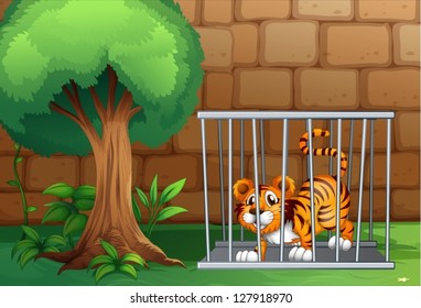 Illustration of a tiger in a cage and brick wall