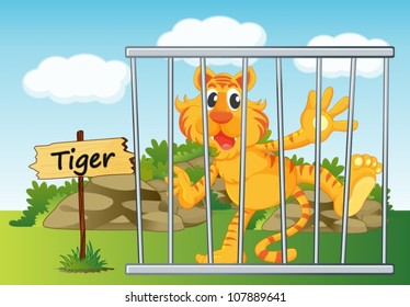 illustration of a tiger in cage and wooden board